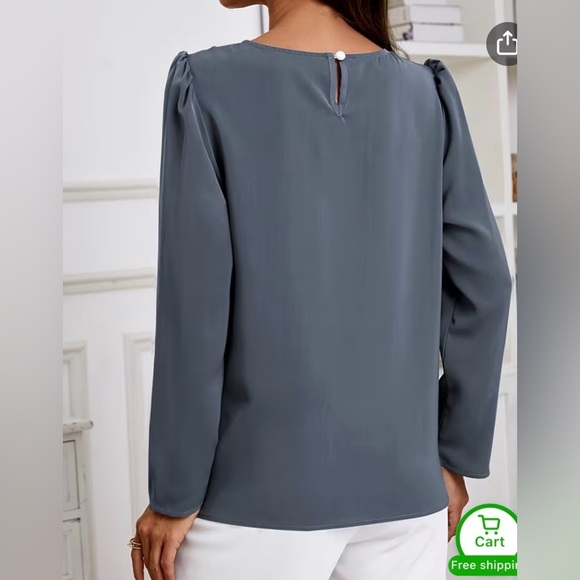 Temu Women's Pleated Neckline Long Sleeved Blouse, Slate Grey, Size L - Picture 2 of 9